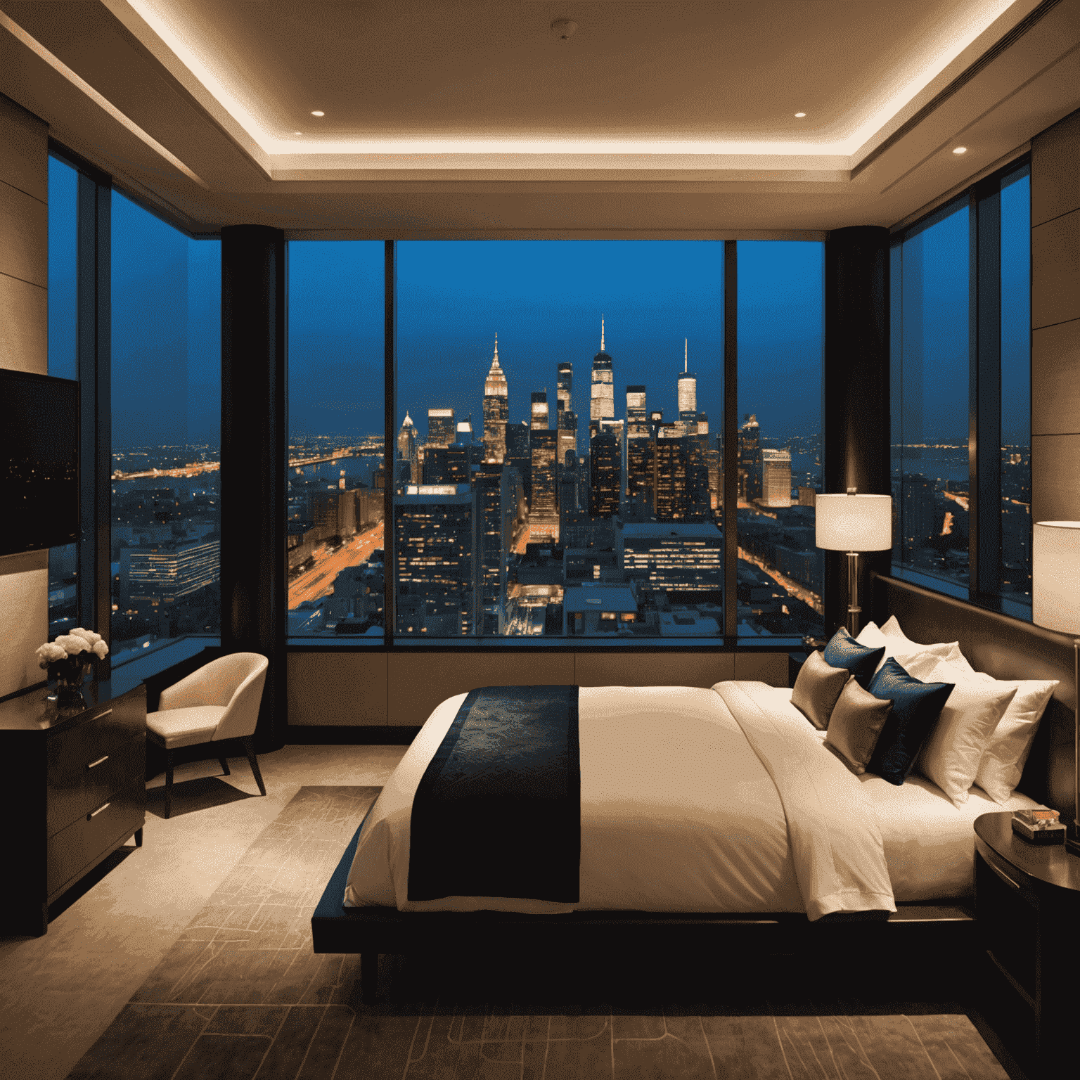 A luxurious hotel room with floor-to-ceiling windows offering a breathtaking view of a city skyline at night. The room features elegant furnishings and mood lighting that complements the twinkling city lights outside.