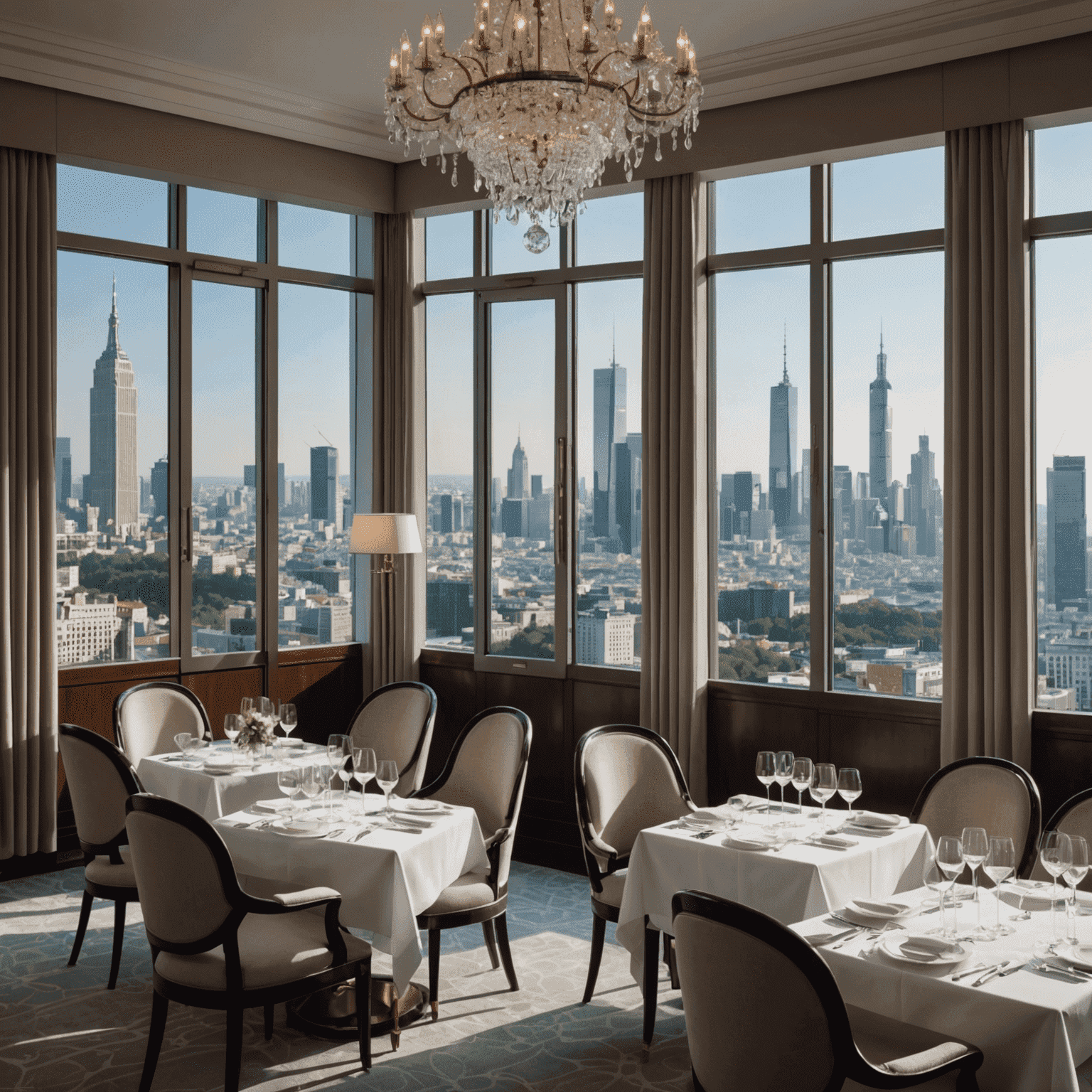 Elegant dining room of a Michelin-starred restaurant in a luxury hotel, with crystal chandeliers, white tablecloths, and a view of city skyline