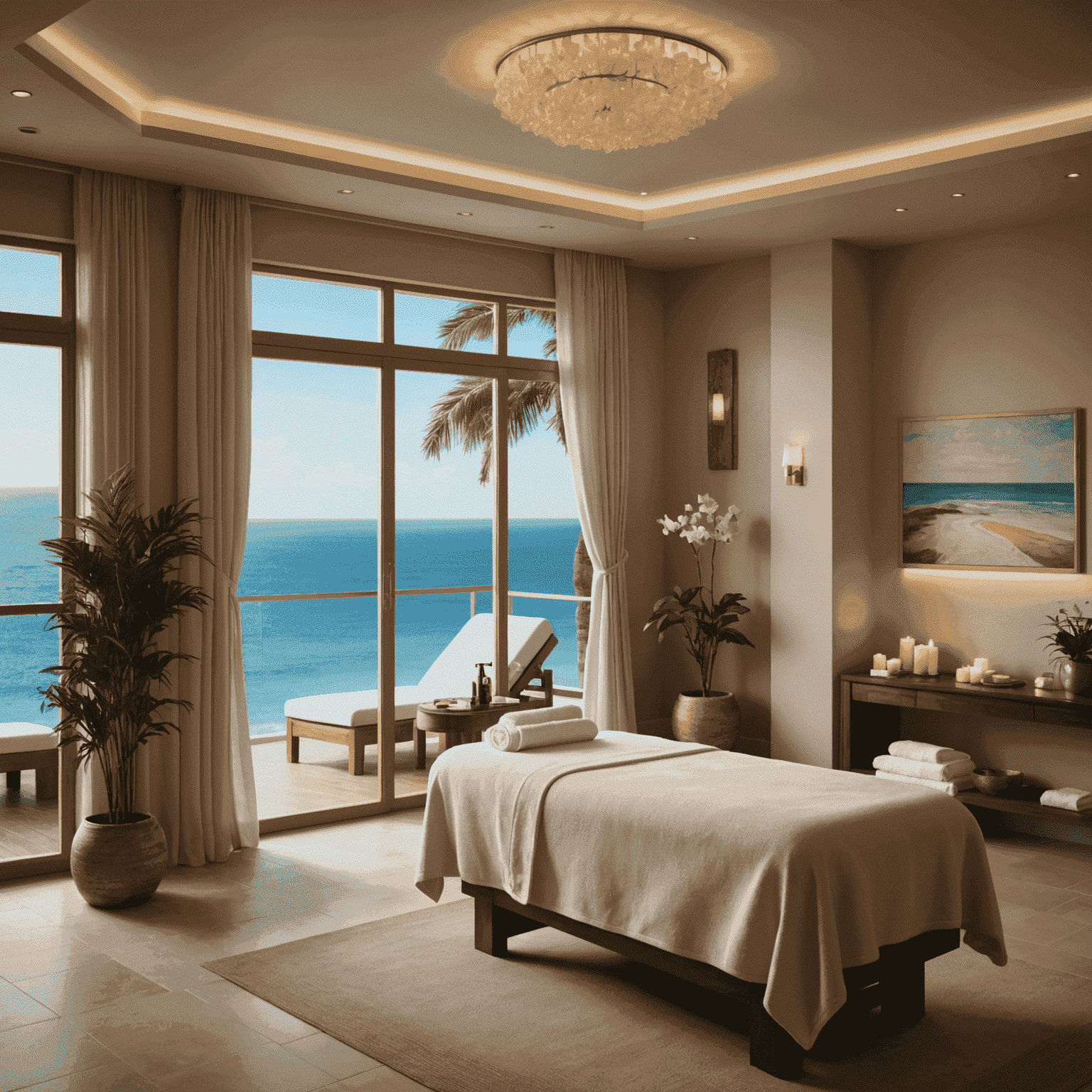 A luxurious spa room with ocean view, featuring a massage table, soft lighting, and elegant decor