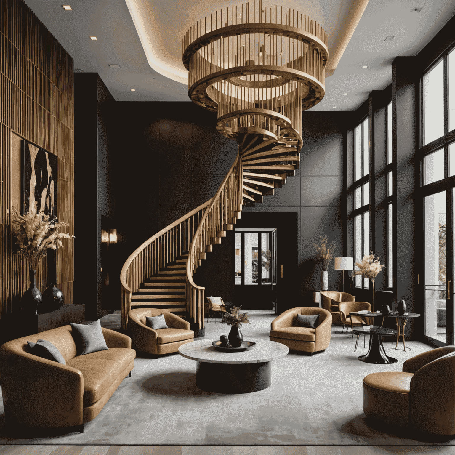 An avant-garde hotel lobby featuring a striking sculptural staircase, hanging art installations, and unconventional furniture pieces. The space showcases a perfect blend of luxury and artistic innovation.