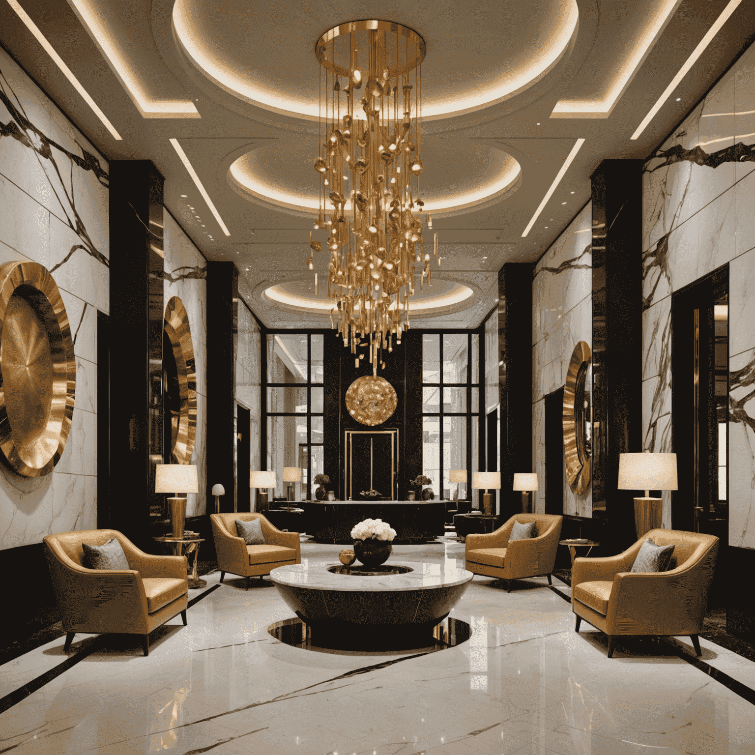 An avant-garde luxury hotel lobby with striking architectural features. The space showcases a blend of modern art installations, unconventional furniture designs, and dramatic lighting, all set against a backdrop of exotic materials like rare marbles and precious metals.