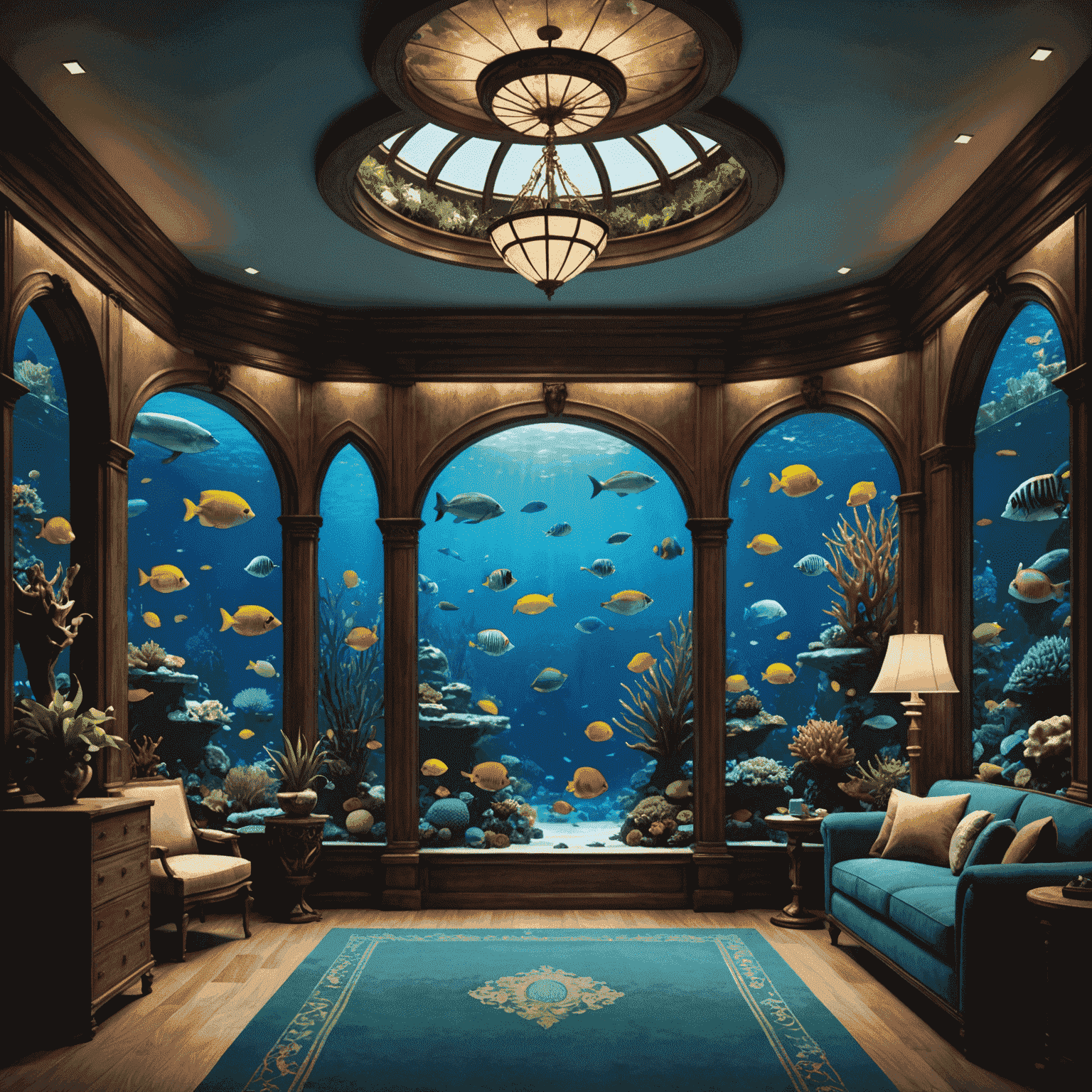 An opulent underwater suite with a large window looking into an aquarium filled with exotic fish and marine life