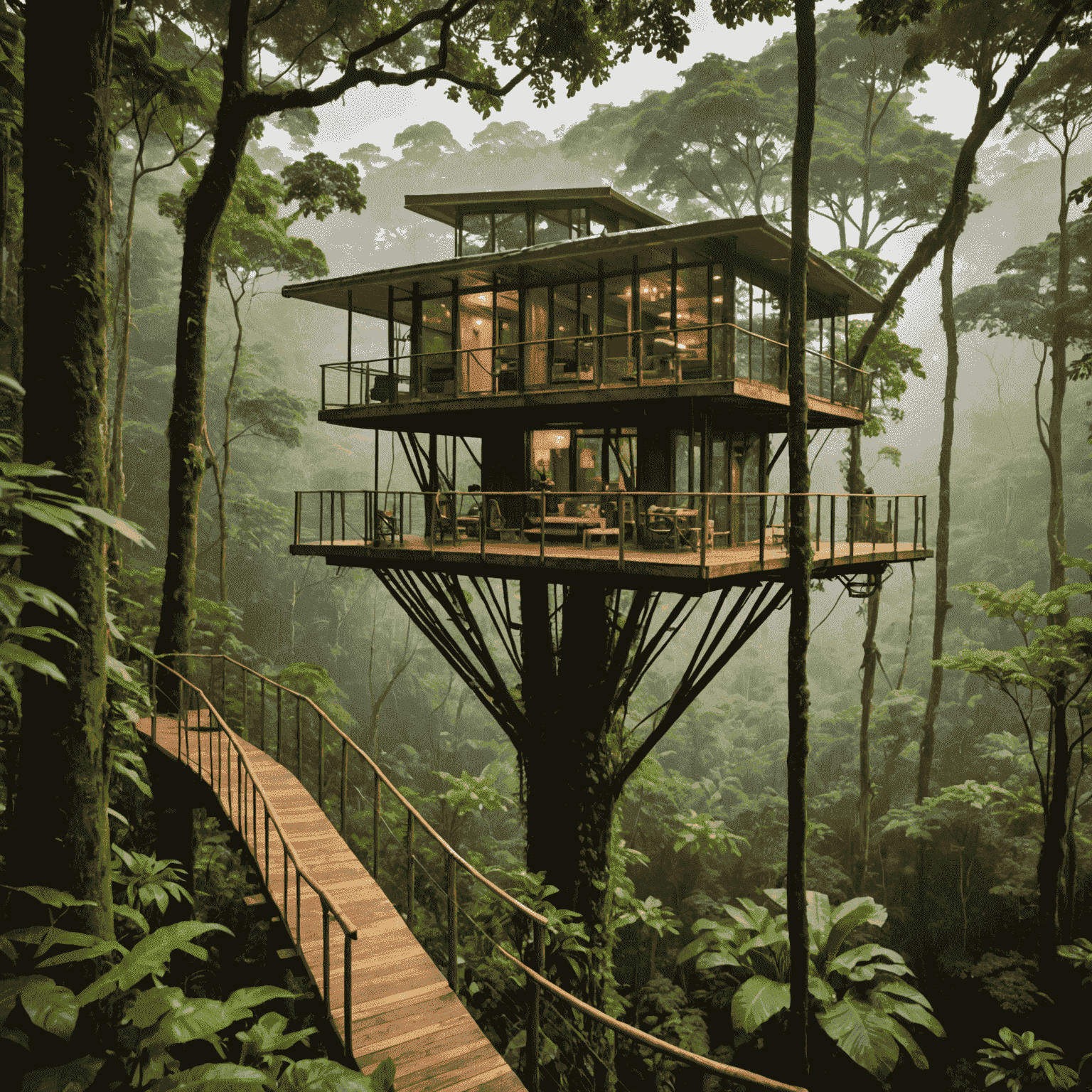 An eco-luxury treehouse hotel suspended in the misty Costa Rican cloudforest. The treehouse features floor-to-ceiling windows, a private balcony with a hot tub, and is surrounded by lush, green foliage. Hummingbirds and colorful toucans can be seen nearby.