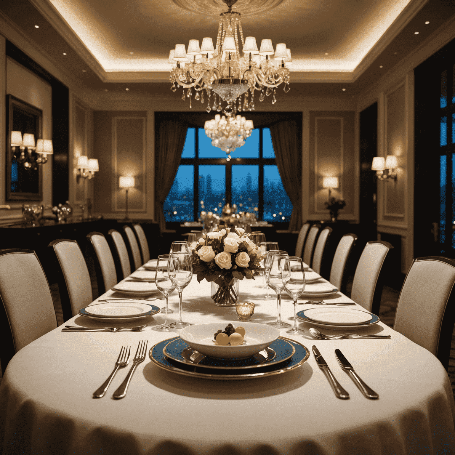 An elegantly set table in a high-end hotel restaurant, featuring fine china, crystal glassware, and a beautifully plated gourmet dish. The background shows a sophisticated dining room with soft lighting and luxurious decor.