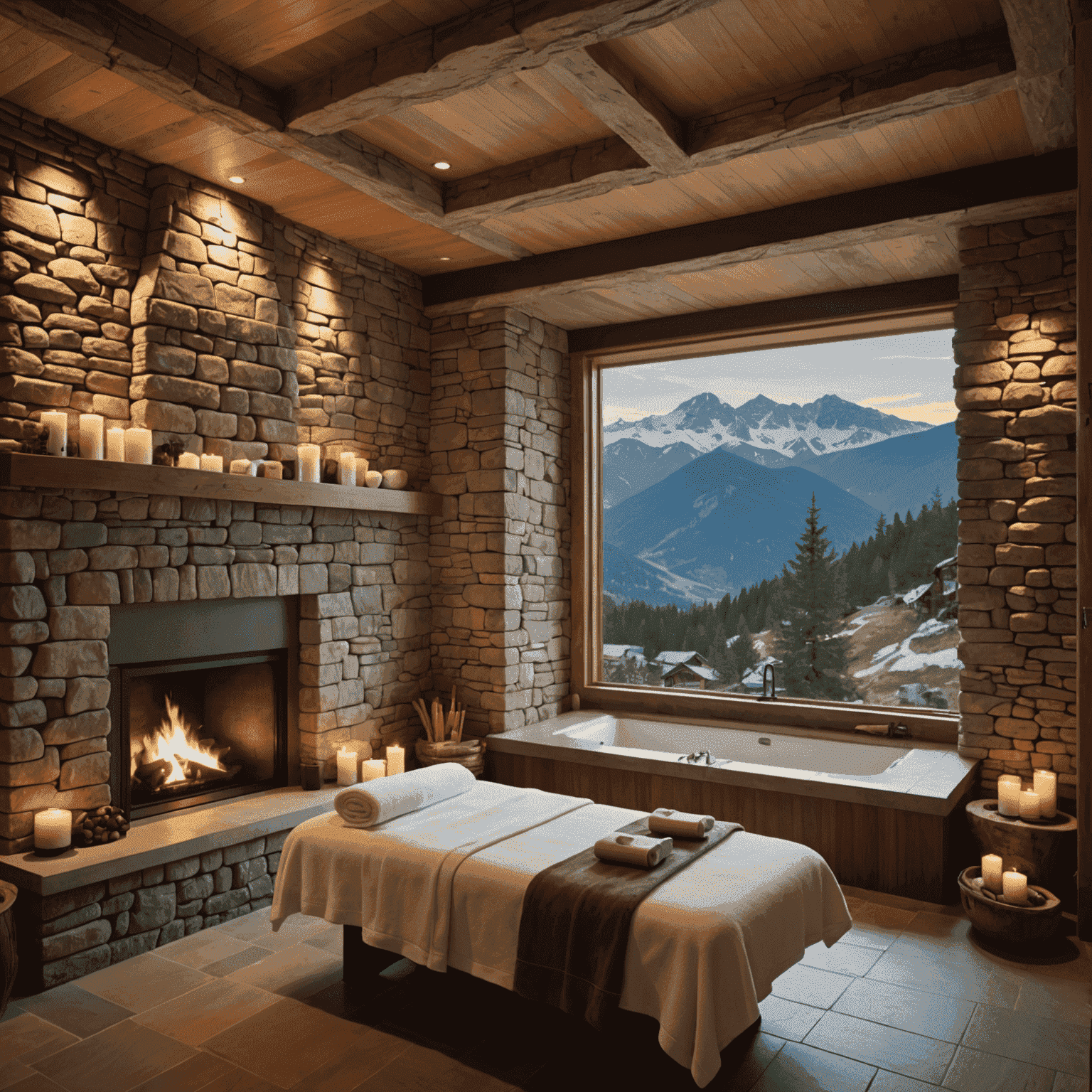 A cozy spa treatment room with stone walls, fireplace, and panoramic mountain views