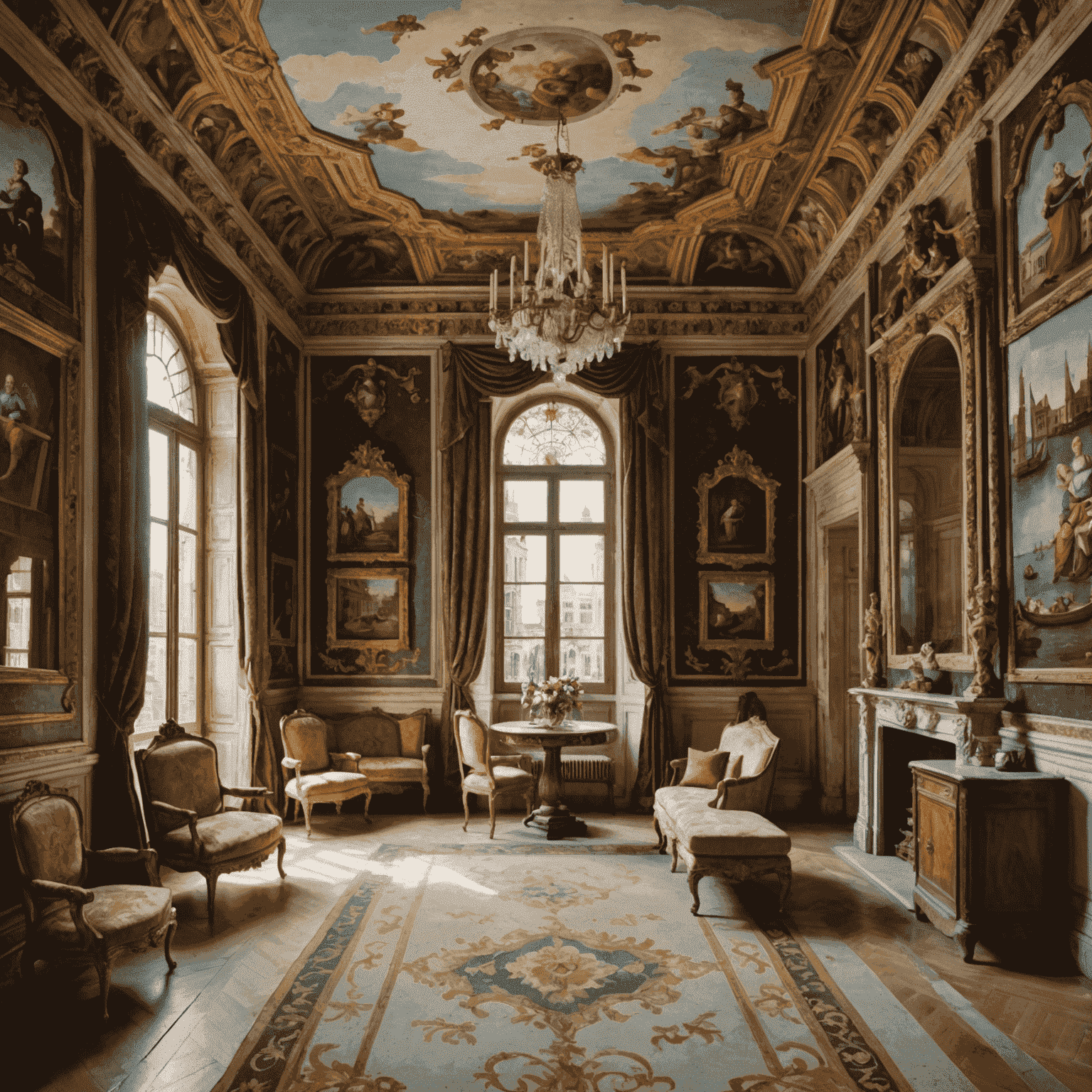 An ornate Venetian room with frescoed ceilings, antique furnishings, and large windows overlooking the Grand Canal