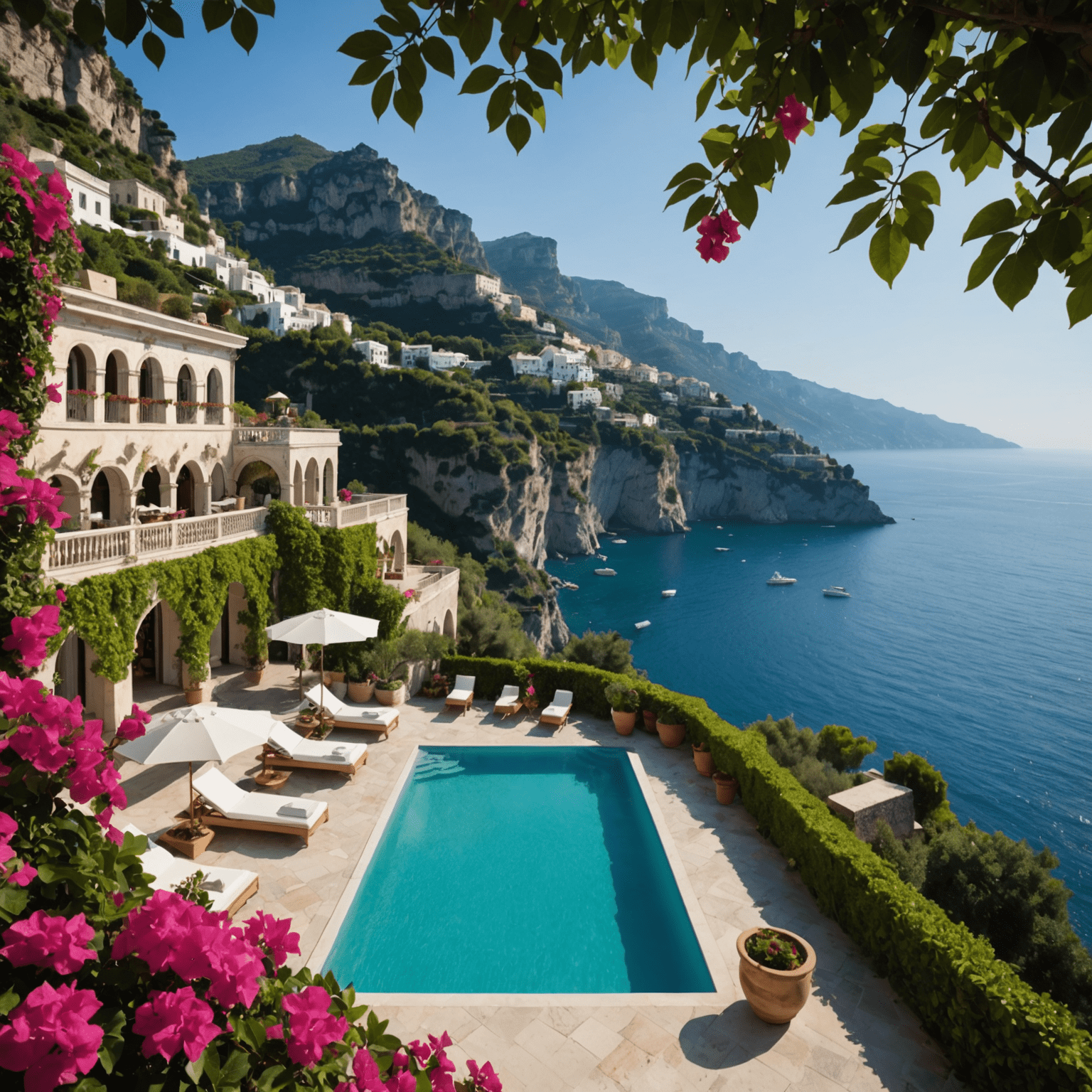 A stunning boutique hotel carved into the cliffs of the Amalfi Coast. The hotel features cascading terraces with infinity pools that seem to merge with the Mediterranean Sea. Bougainvillea-covered walls and lemon groves surround the property.