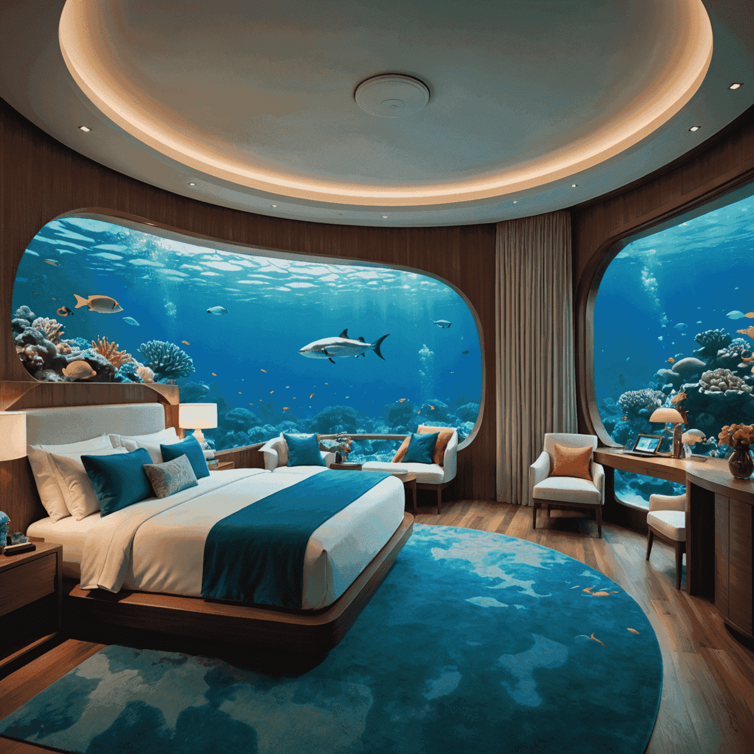 A luxurious underwater hotel suite in the Maldives. The bedroom features a large curved acrylic window that provides a panoramic view of the vibrant coral reef and colorful marine life. Elegant furnishings complement the underwater scenery.